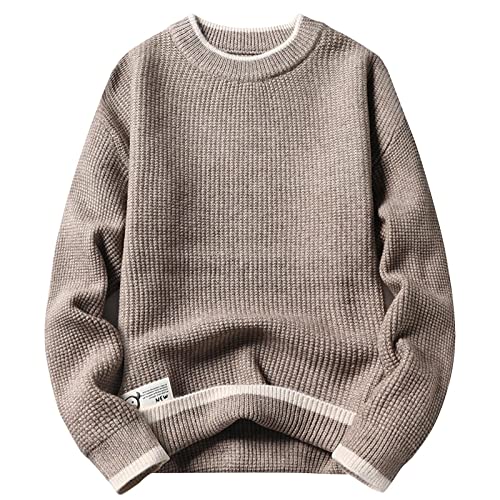 Relaxed Fit Cable Ribbed Pullover Oversize Vintage Sweaters Unisex Crewneck Knitted Tops Men's Knitted Sweater Loose Coffee