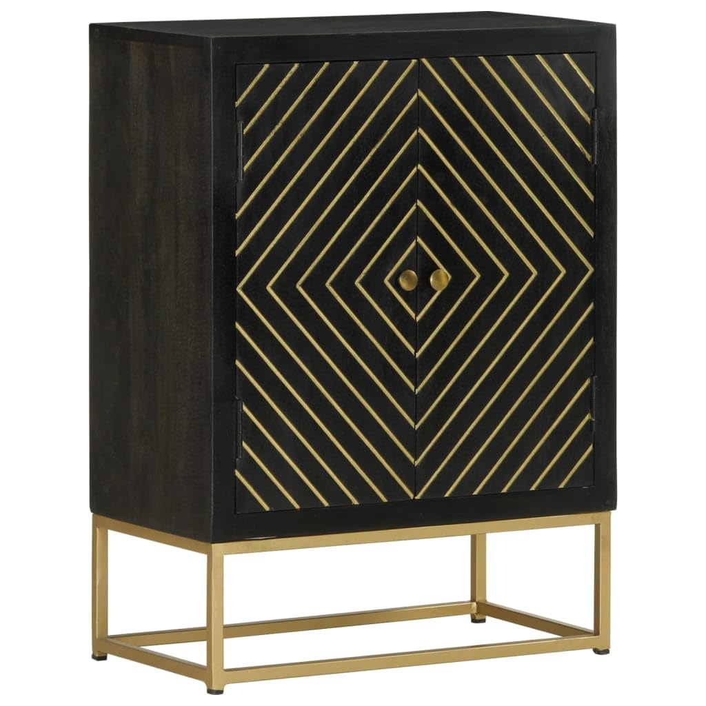 Klasyczny kredens z litego drewna mango z 2 drzwiczkami w kolorze czarno-złotym 55 x 30 x 75 cm – solidne miejsce do przechowywania z 2 półkami i dekoracyjną górną płytą do salonu i jadalni