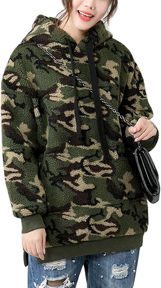 Amazon Happyjp ボア パーカー レディース 迷彩柄 パーカー 厚手 防寒 トップス もこもこ ふわふわ 秋 冬 アーミーグリーン トレーナー パーカー 通販