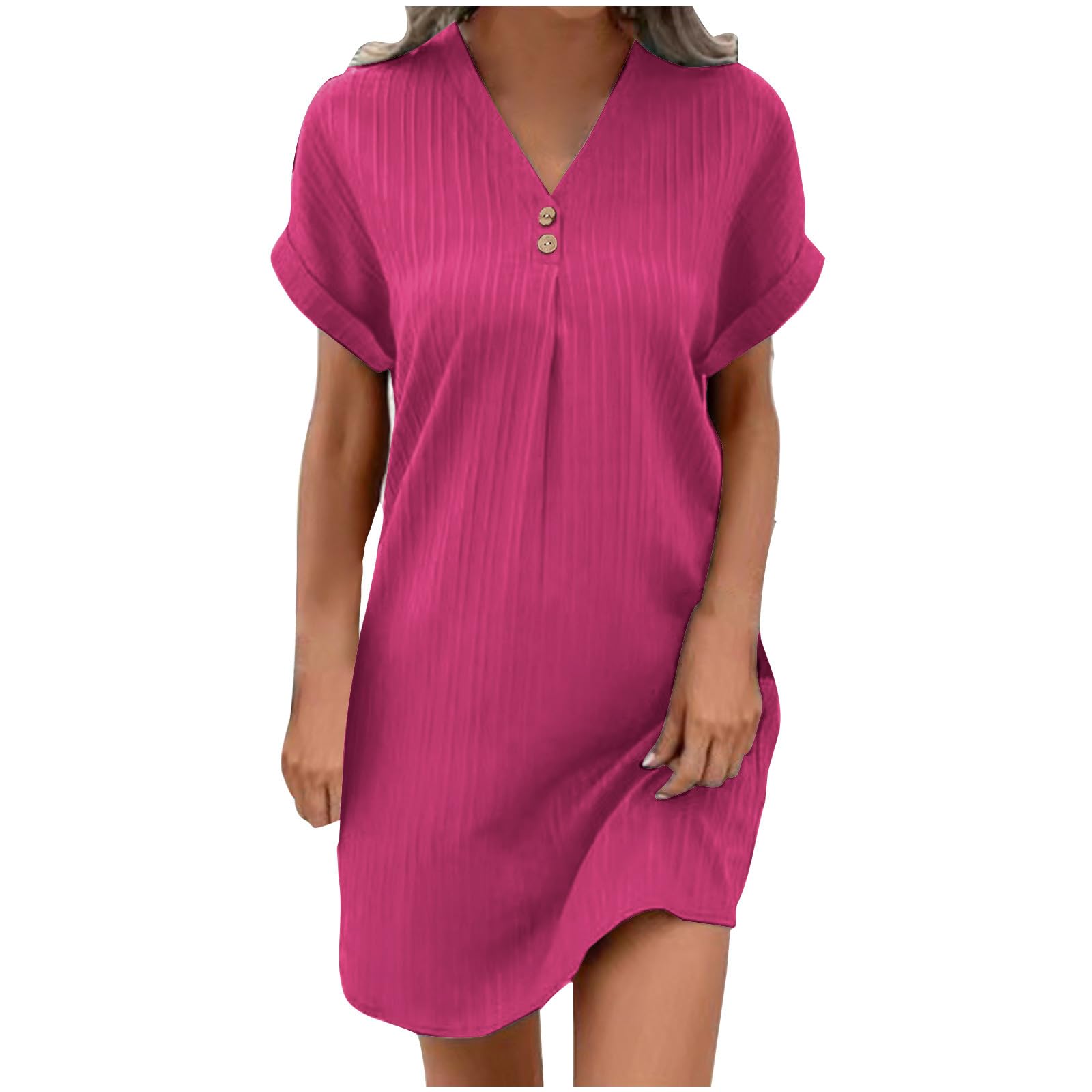 AMhomely Cotton/Linen Summer Midi Dresses for Women UK-Button V Neck Casual Dress,Rolled Short Sleeve,Pleated Front,Stripe,Loose Plain Smocked Dresses,Holiday Sundress Going Out A Watermelon Red S