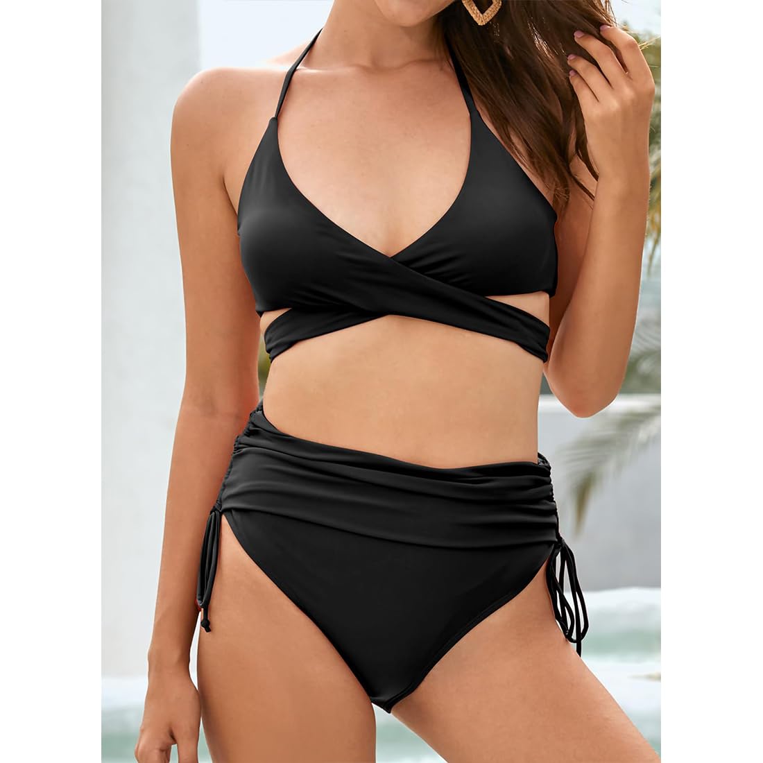 Women's Push Up Halter Bandage Two Peice Swinsuits Tie Side Bikini with Ruched Swim Bottoms