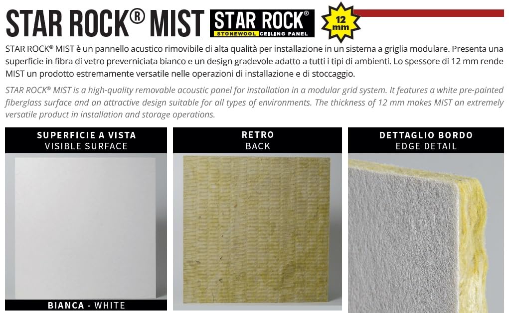 Pannelli per controsoffitto in LANA DI ROCCIA 600x600x12 mm STAR ROCK MIST Confezione da 25 Pz. - 9 Mq IN APPOGGIO - Colore BIANCO