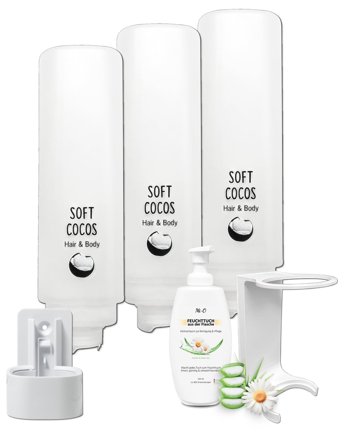 Set completo di esperienze doccia 12 x 420 ml, diversi profumi, 1 x 300 ml, schiuma di pulizia intima + 5 supporti da parete, colore bianco, dimensioni Soft Cocos: cocco