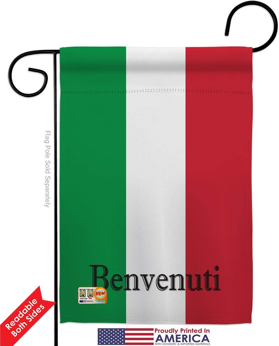 Italy Benvenuti Garden Flag Set Wall Holder Regional Nationality Nation International World Country Particular Area Small Decorative Gift Yard House Banner Double-Sided Made In USA 13 X 18.5