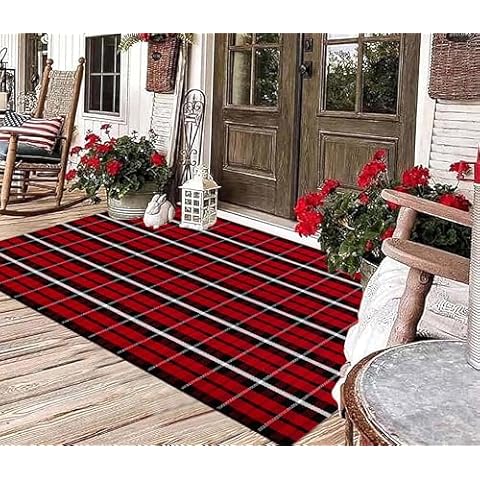 BUAGETUP Red and White Front Porch Rug 3X5,Layered Doormat (Black Red, 3'x5') Cover