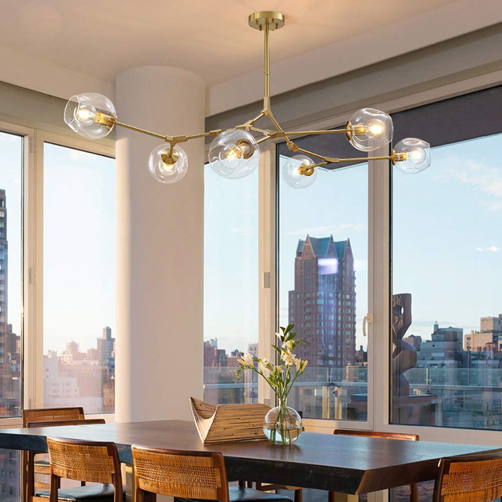 Lámpara de araña LED moderna, lámpara de araña abstracta de múltiples brazos con acabado dorado, bola de vidrio transparente, lámparas colgantes LED, posmodernas, para comedor, restaurante, bar,