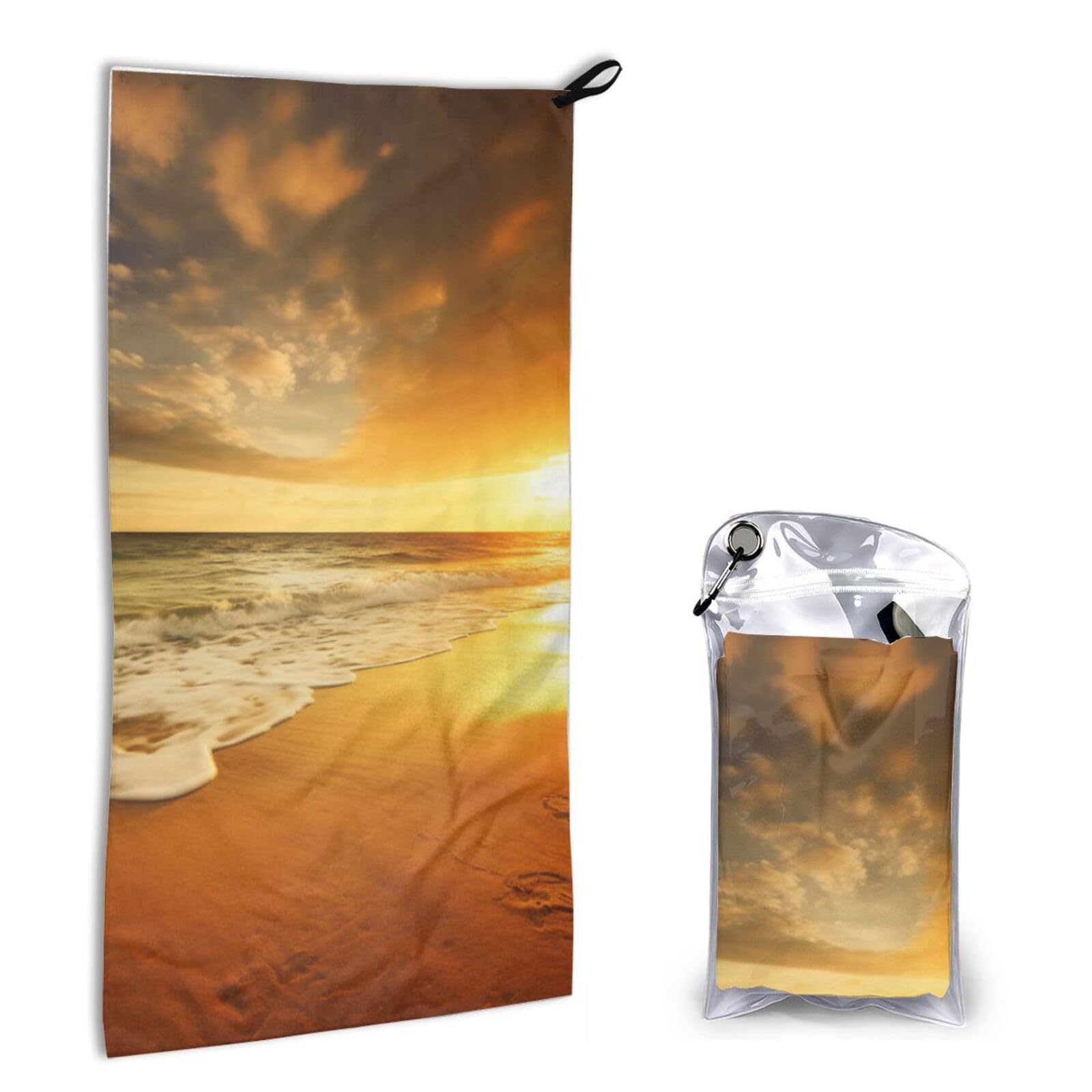 BWWHCCTI Quick Dry Hand Towel With Bag - Golden Sunset Beach Printed Super Absorbent Face Cloth Microfiber Travel Sports Towels 40x80cm