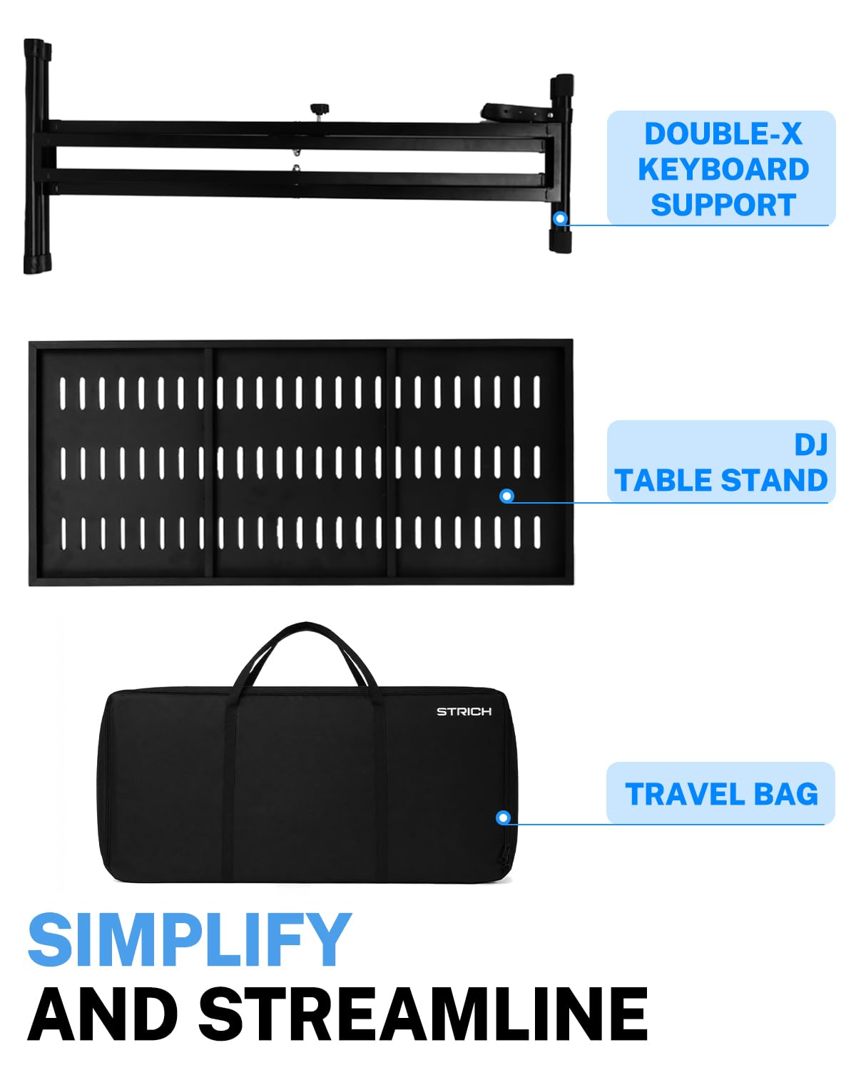 STRICH Tragbarer DJ-Tischständer, stabiler X-förmiger Ständer für Mixer, Laptops, MIDI-Keyboards, Synthesizer & Plattenspieler. Faltbare Musikarbeitsfläche für Live-Auftritte und Studios