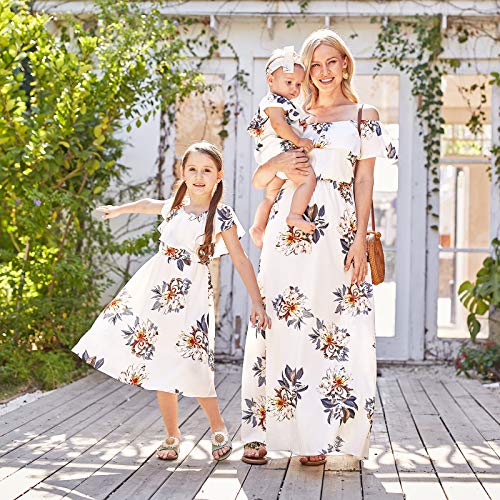 Image of PopReal Mommy and Me Dresses Floral Printed Chiffon Bowknot Ruffles Short Sleeve Beach Mom Daughter Matching Outfits