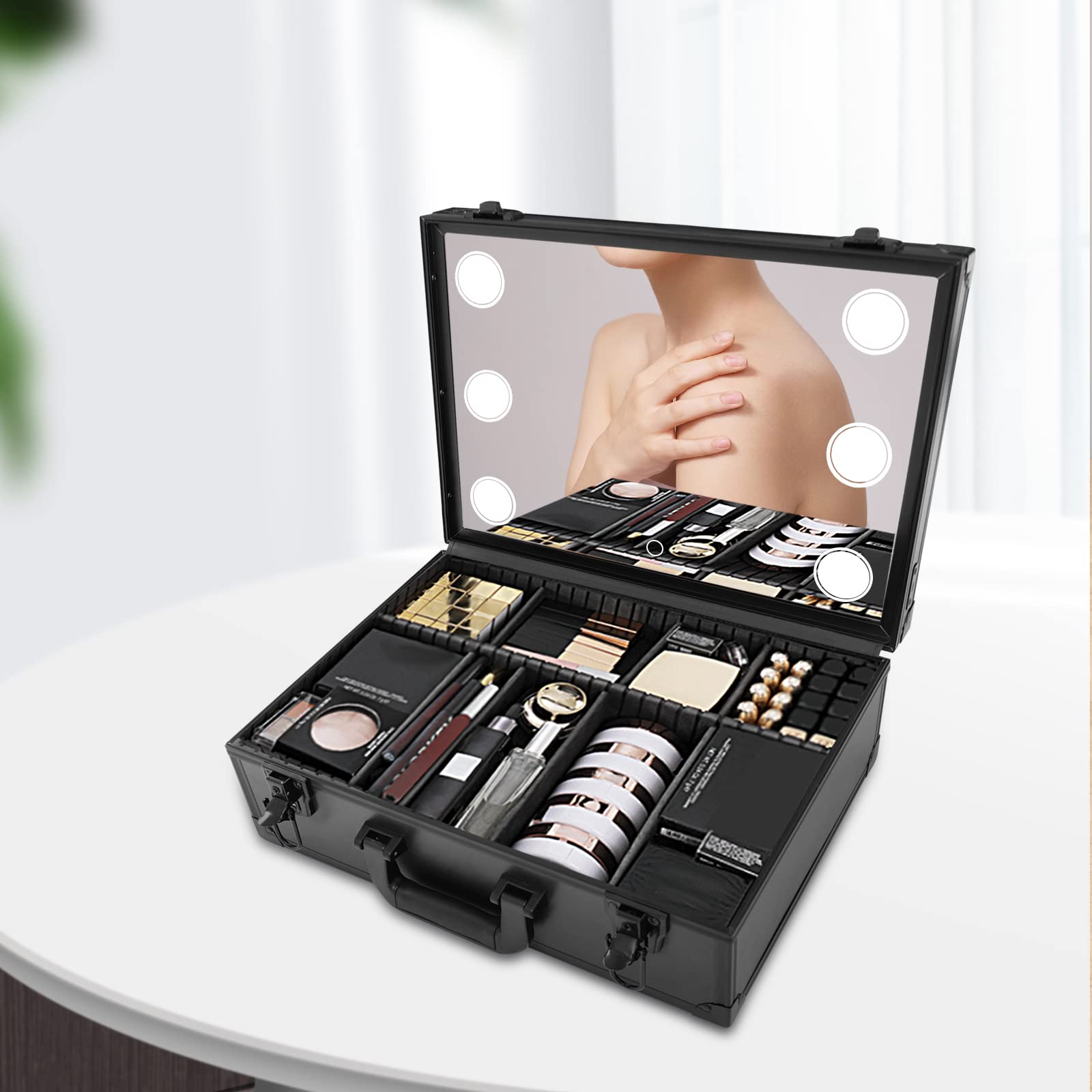 9 Fächern Reise Kosmetik Aufbewahrungsbox Tragbar Schwarz Make Up Schmink Koffer Friseur mit 6 LED-Lichter Geeignet für den Einsatz in Wohnungen Hotels Schönheitssalons und Anderen Orten (42*30*15 cm)