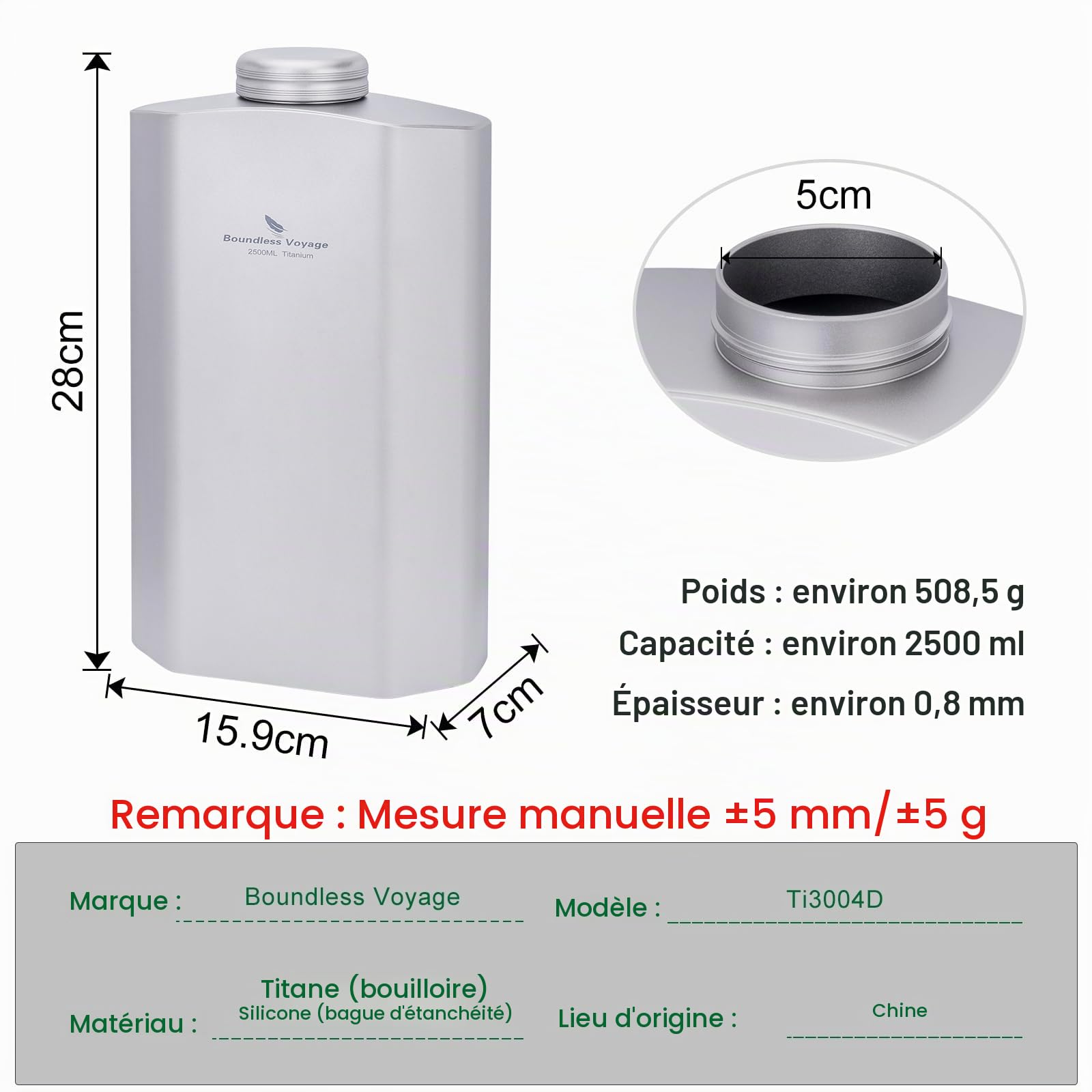 Boundless Voyage TI3004D Bouteille d'eau en titane 2,5 l Grande capacité Camping Cantines Bouteille d'eau Pichet d'eau pour la gym, le fitness, les voyages