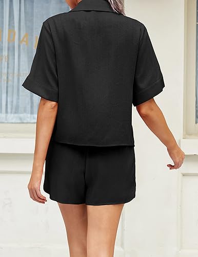 Miniatura 4 de Ekouaer 2 Piece Linen Lounge Sets for Women Button Down Loungewear Tops and Shorts Pajama Set with Pockets
