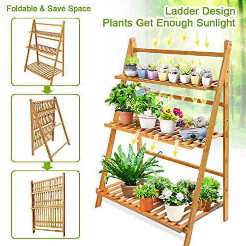 OGORI Bamboo Wood Ladder Plant Stand 3-Tier Foldable Organizer Flower Display Shelf Rack for Home Patio Lawn Garden Balcony Holder (3 tier(Large))