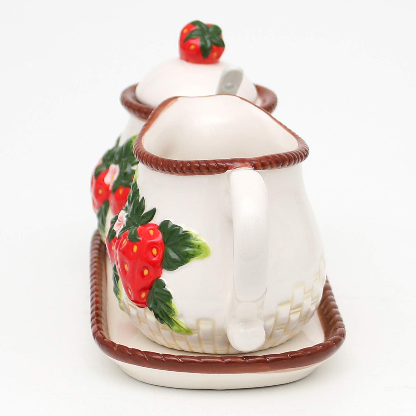 Dekohelden24 Dolomite, zuccheriera con Cucchiaio, bricco per Latte e piattino, Set da 3, con Fragole in Rilievo, Dimensioni Circa 19 x 10,5 cm, 12