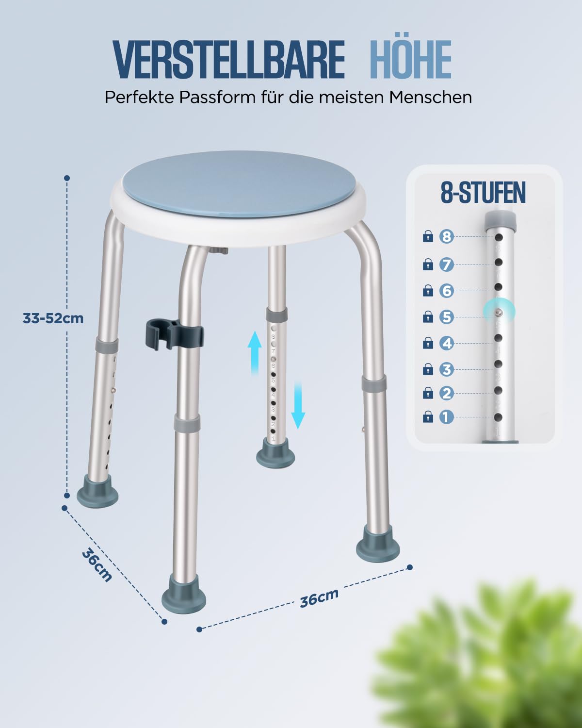 Runder Duschhocker, Duschstuhl für Senioren 150KG Belastbar, Höhenverstellbar 33-52cm, Aluminium Duschsitz, Badestuhl, Badehocker für Badewannen