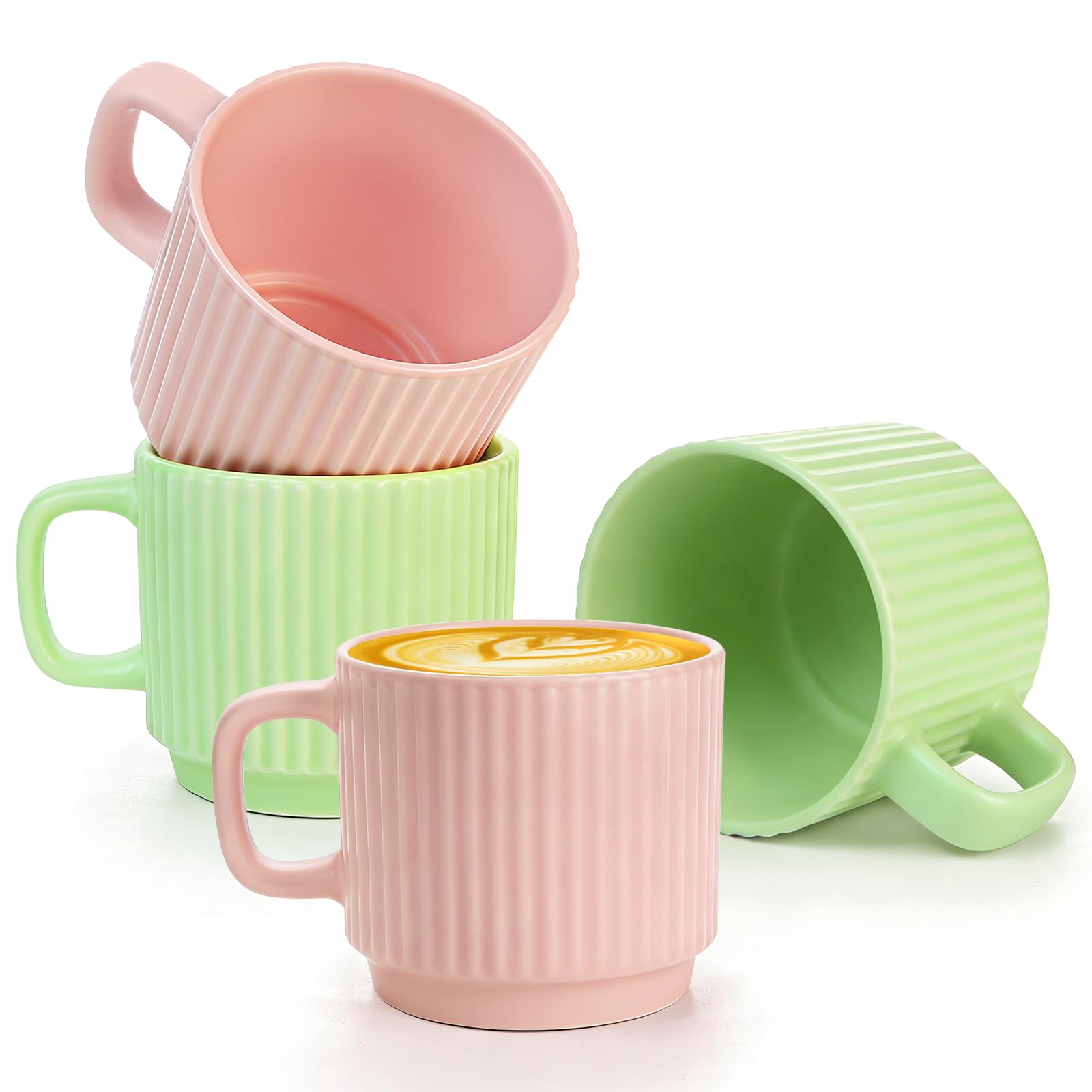 Wieat Stackable Coffee Mugs Set of 4, 200ml Porcelain Coffee Cup with Handle, Espresso Ceramics Cups for Tea Latte Cocoa Cappuccino, Cream Color (Pink&Green, Small)