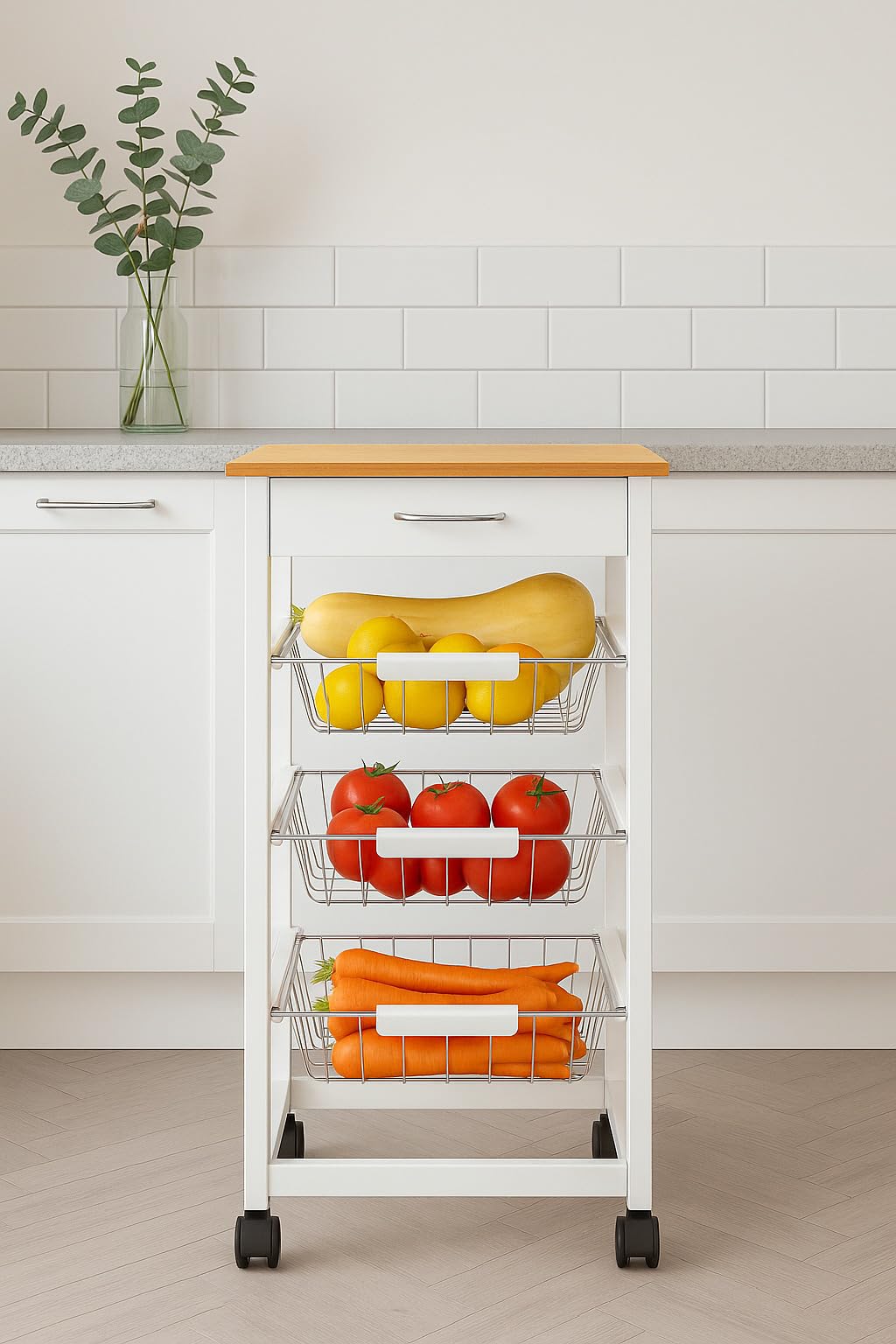 Verdulero frutero, Carro de Cocina con Ruedas, 37x37x85 Blanco Tapa Madera Oporto 6