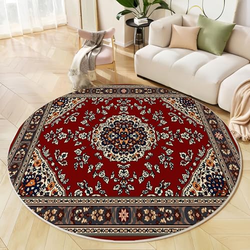 Tapis salon rond géométrique bordeaux rétro de 100 cm lavable