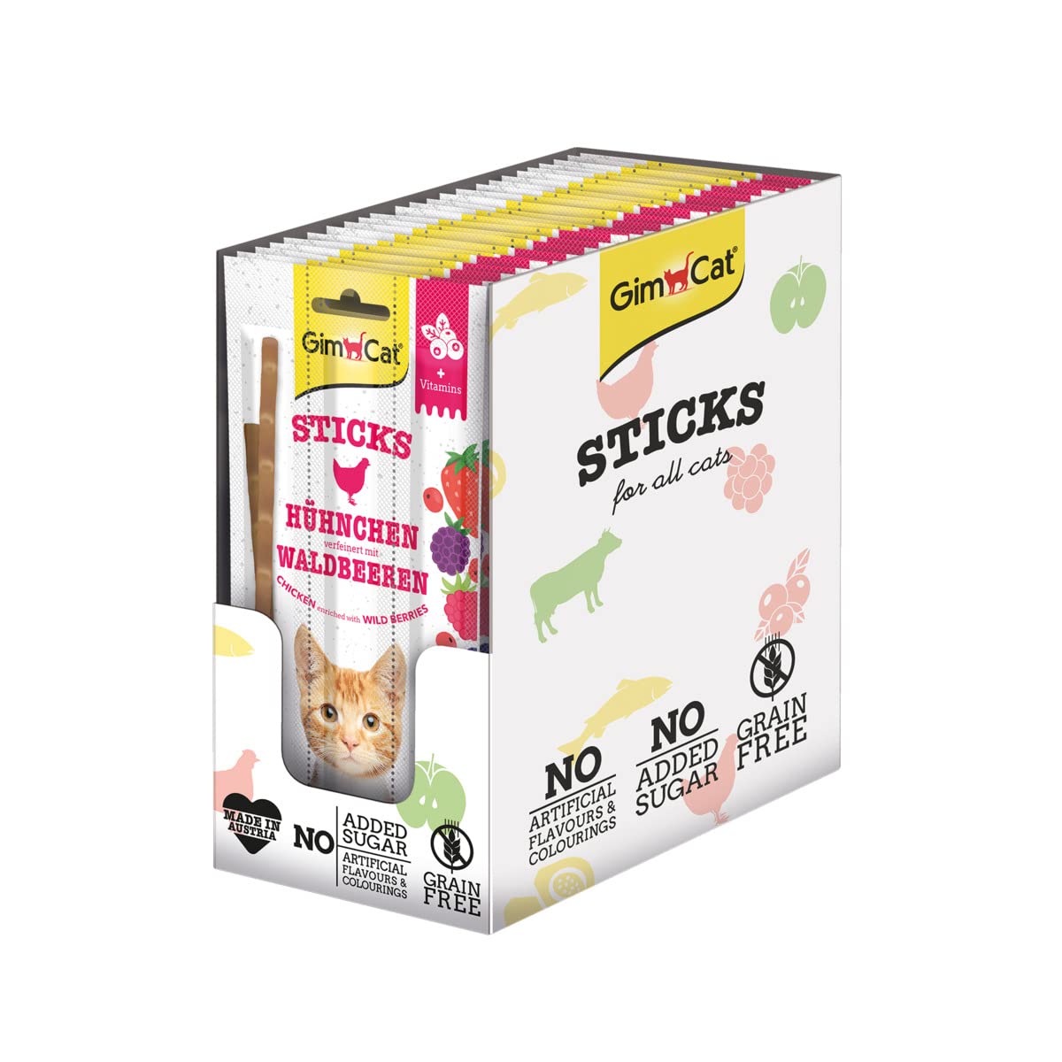 GimCat Superfood Duo-Sticks pollo y baya silvestre - Suave snack para masticar con un alto contenido de carne y vitaminas - 24 paquetes (24 x 3 sticks)