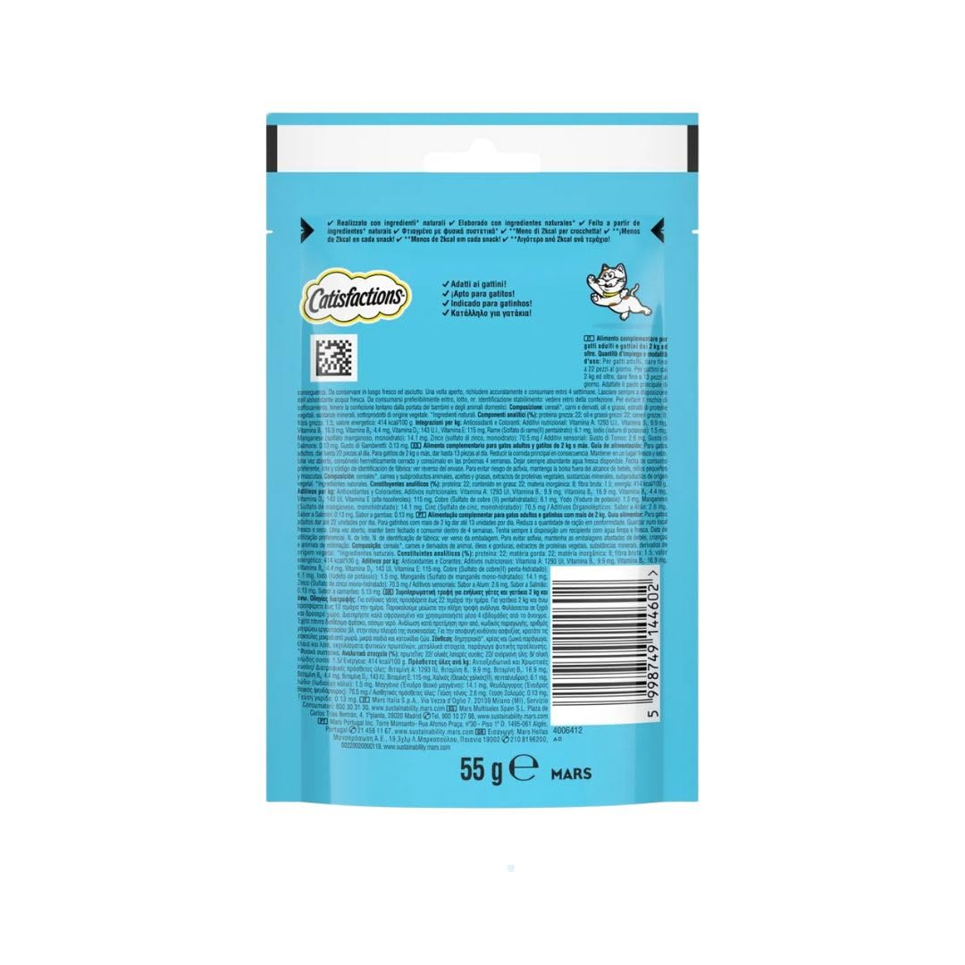 Snack para gatos Catisfactions ShakeUps, snack para gatos adultos y cachorros sabor mariscos | 6 paquetes de 55 gramos cada uno.