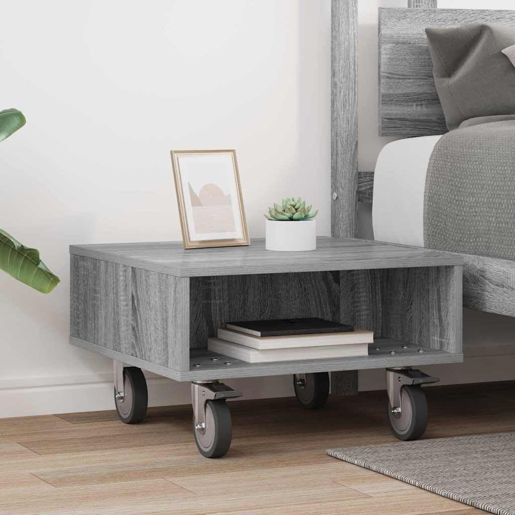 Mesa auxiliar con ruedas Sonoma gris madera 50,5 x 50 x 30 cm con espacio de almacenamiento y ruedas para salón, dormitorio, oficina, sofá cama