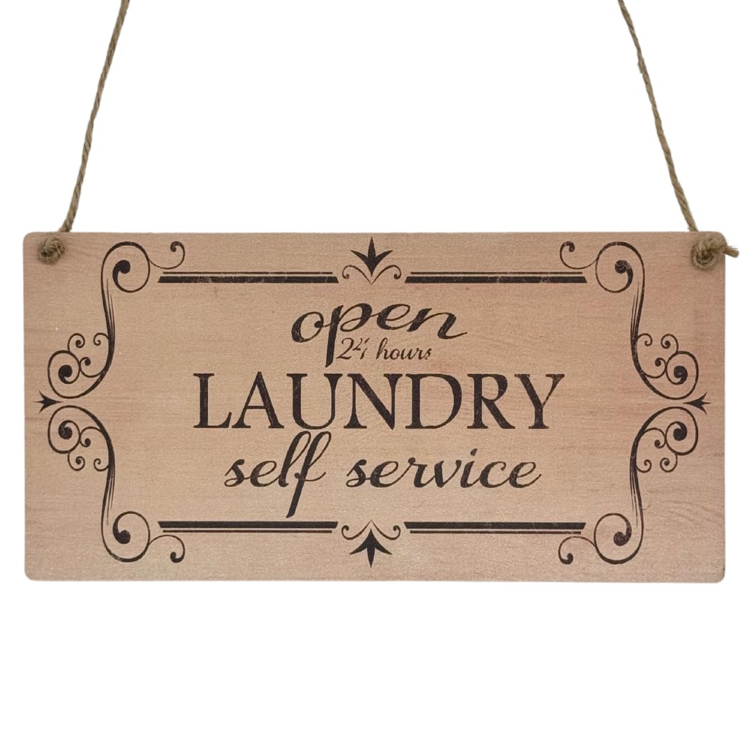 Second Ave Funny Open 24 Hours Laundry Service Wooden Hanging Rectangle Home Utility Washing Sign Plaque