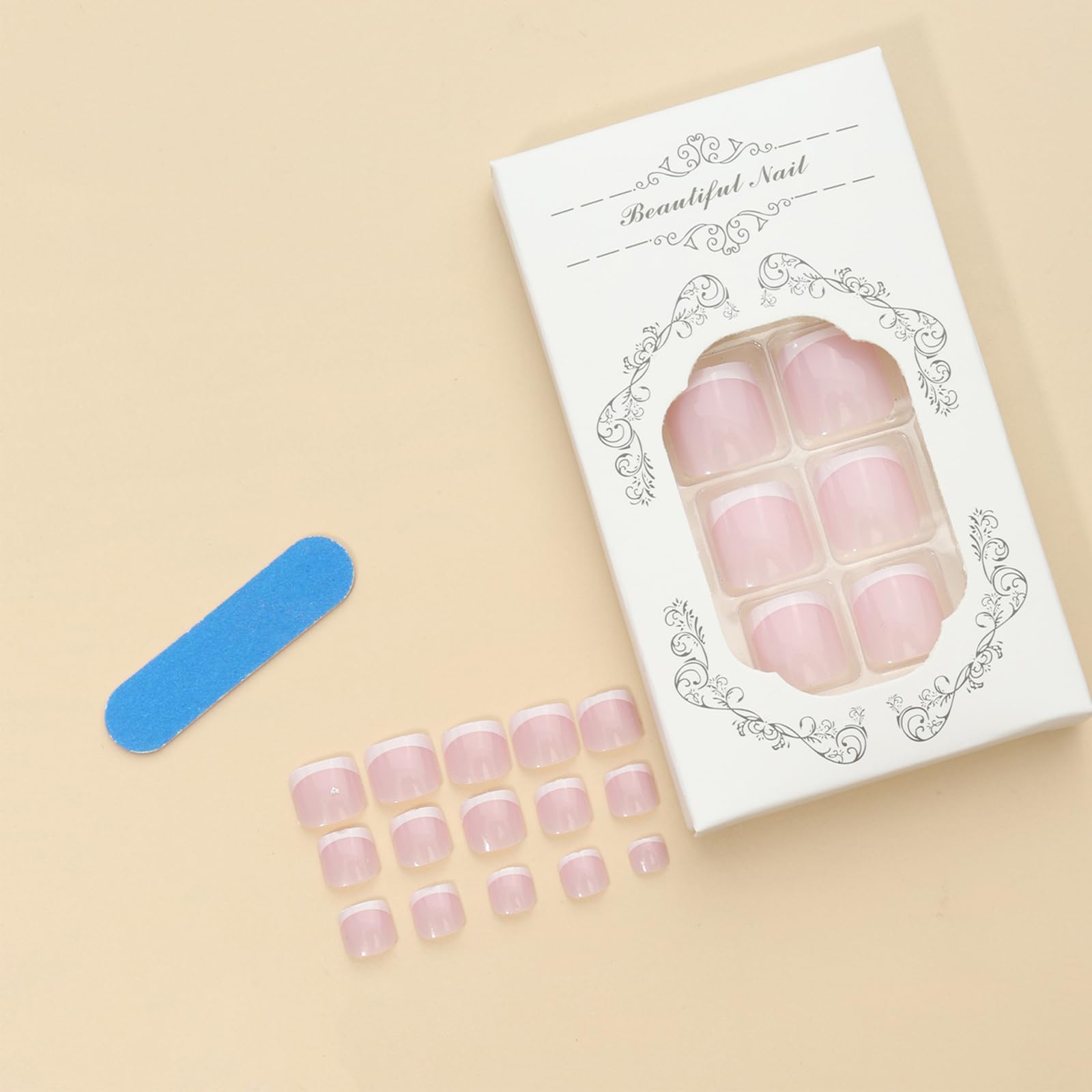 French Tip False Toenails, Press On Toe Nails Short, 12Sizes Square Acrylic Fake Nails, Nude Pink White French Toe Nail Tips - Image 3