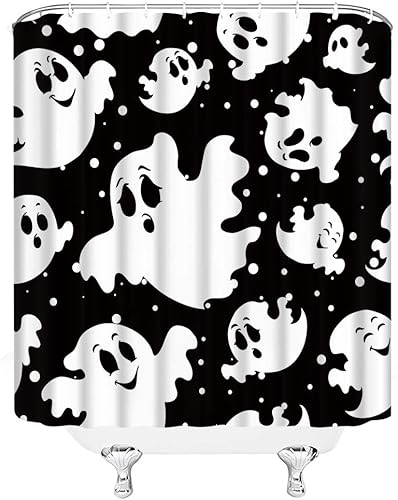 Miniatura 3 de Cortina de ducha de Halloween, espeluznante iconos de fantasmas blancos y negros, patrón de lunares, juego de decoración de baño de tela para el