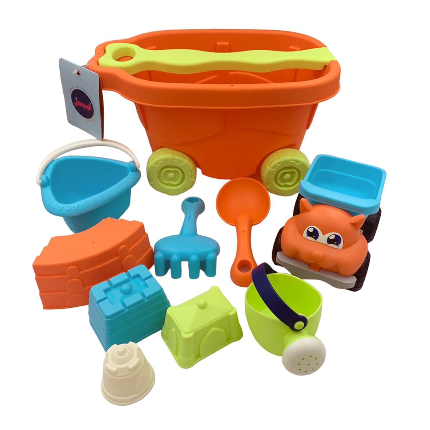 Joodimulticolor Mega trolley Beach Toys ,10 pcs set, including trolley dump truck 4 large molds rake shovel bucket and watering pot ,ideal for outdoor /indoor game 36cm, Eco Friendly