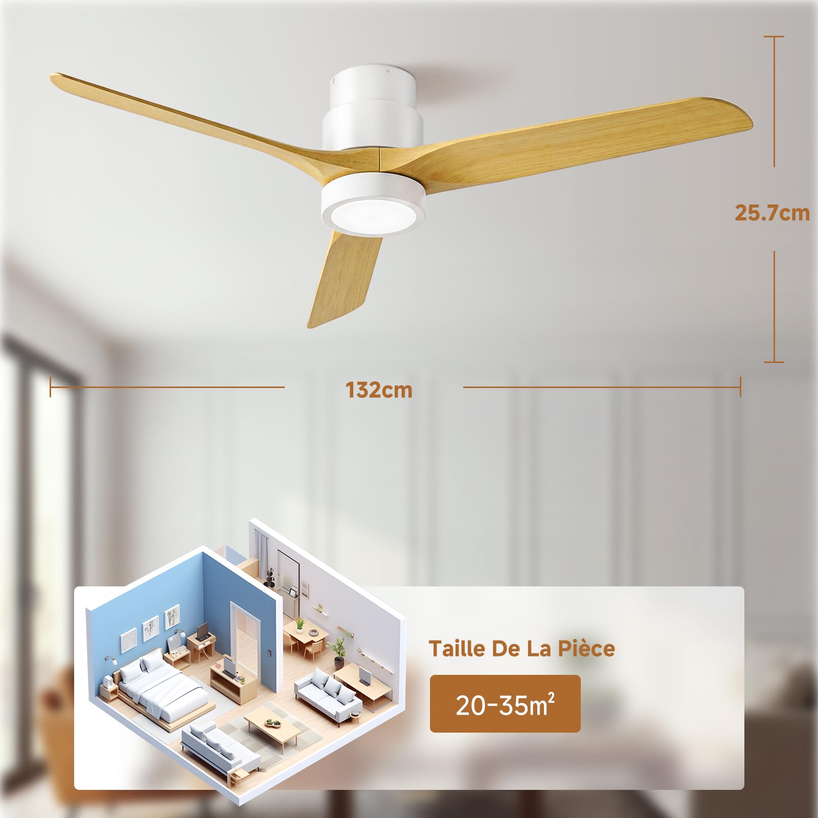 Ateroll Ventilateur Plafond Silencieux, Ventilo Plafond Avec Lumière Et Télécommande, 132 Cm, 3 Pales Bois, Avec Lumière Dimmable, Moteur DC Réversible, Fonction Été-Hiver, 6 Vitesses, Minuterie