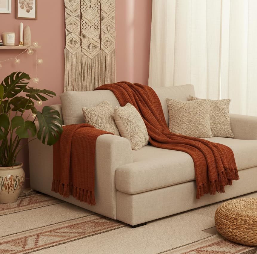Image of 100% Cotton Waffle Weave Sofa Throw Blanket 50x60 Inches or 125x150 cms Lightweight, Soft & Breathable Couch, Bed or Chair Throw Blanket for Living or Bedroom, Rust