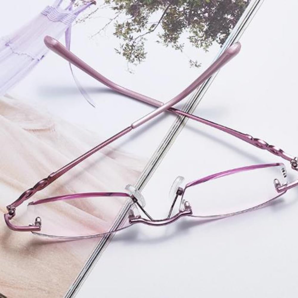 Gafas De Lectura Sin Marco Mujeres Moda Gafas de computadora Corte de diamante Gafas Anti Glare Metal Morado Templos +3.0
