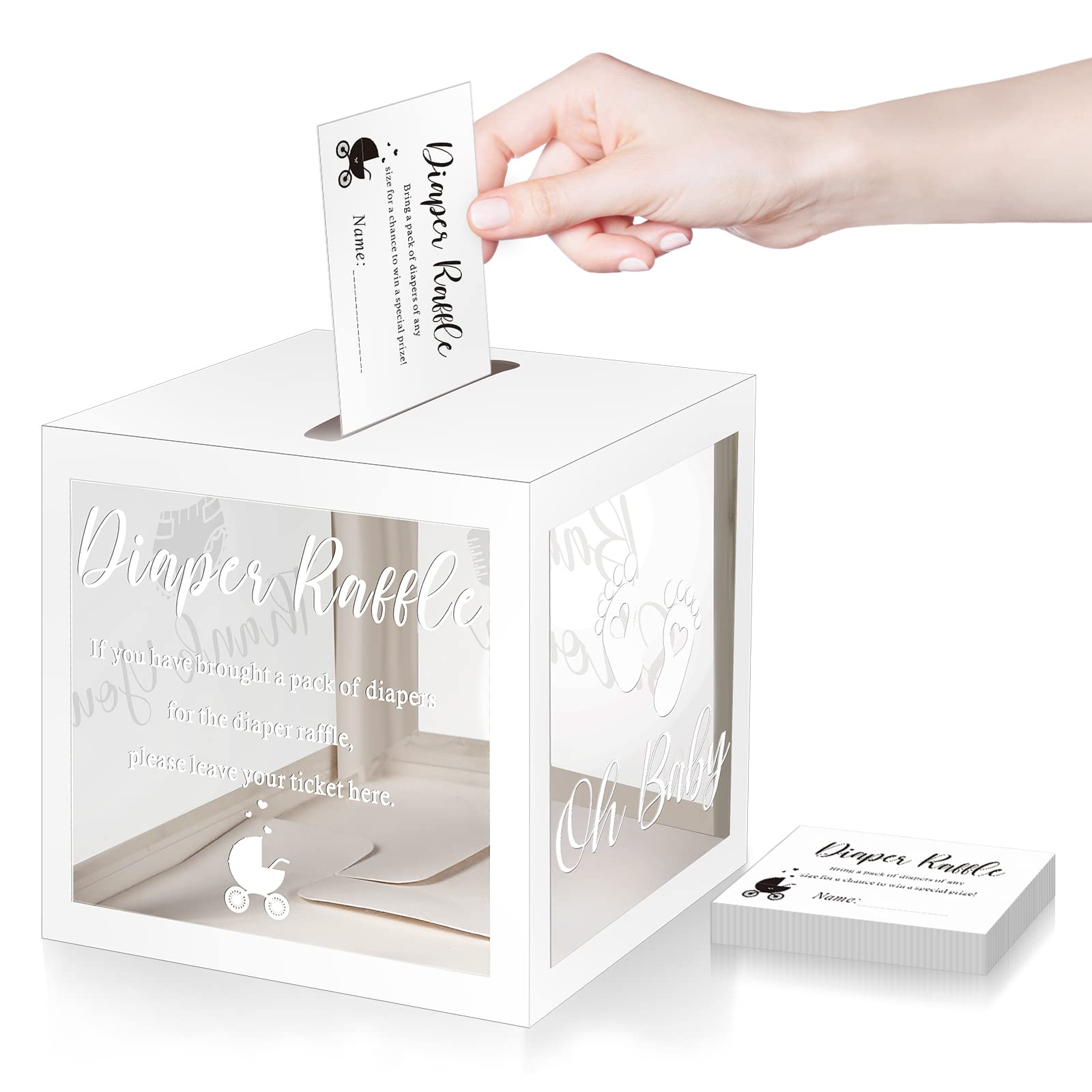 Funrous 50 Diaper Raffle Tickets with Box for Baby Shower Game Invitations Diaper Raffle Card for Gender Reveal Baby Shower Party Decoration Table Centerpiece(Clear White)