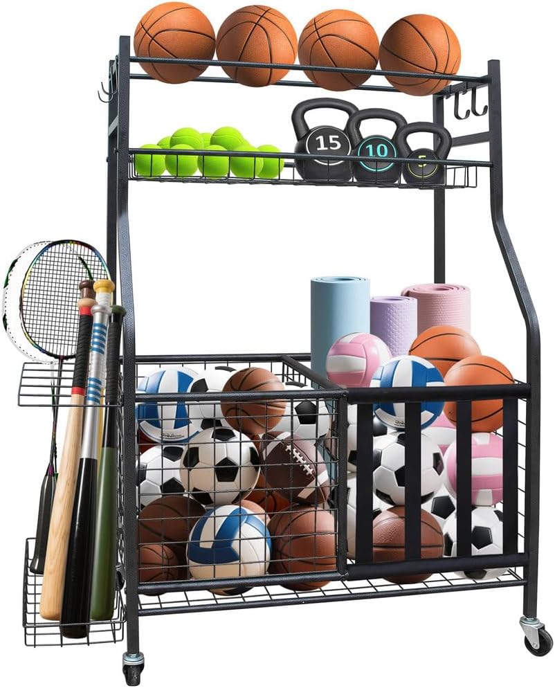 Garage Sports Equipment Organizer with Wheels, Large Capacity Rolling Ball Storage Rack, Baseball Bat Holder, Hooks, and Baskets for Indoor & Outdoor Use, Black