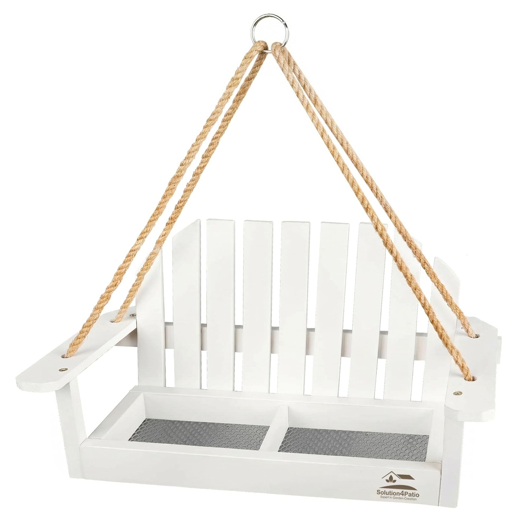 Solution4Patio White Swing Bird Feeder, Squirrel-Proof Metal Mesh Tray with Bench Design, High-Capacity Rust-Resistant Hanging Bird Feeder for Porch & Yard Décor – Easy Fill & Clean