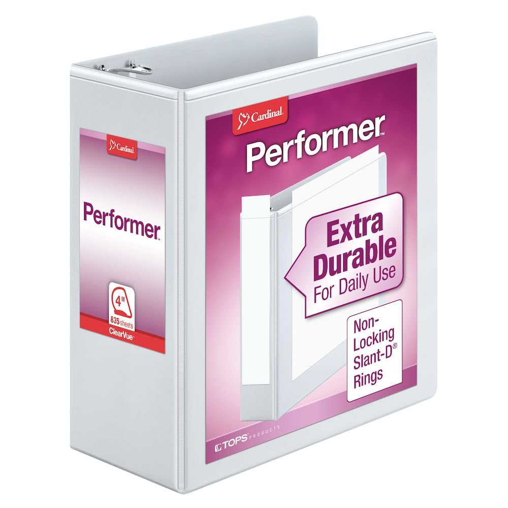 Cardinal Performer 3-Ring Binder, 4", Non-Locking Slant-D Rings, 835-Sheet Capacity, ClearVue Presentation Binder, Nonstick, PVC-Free, White (17810)