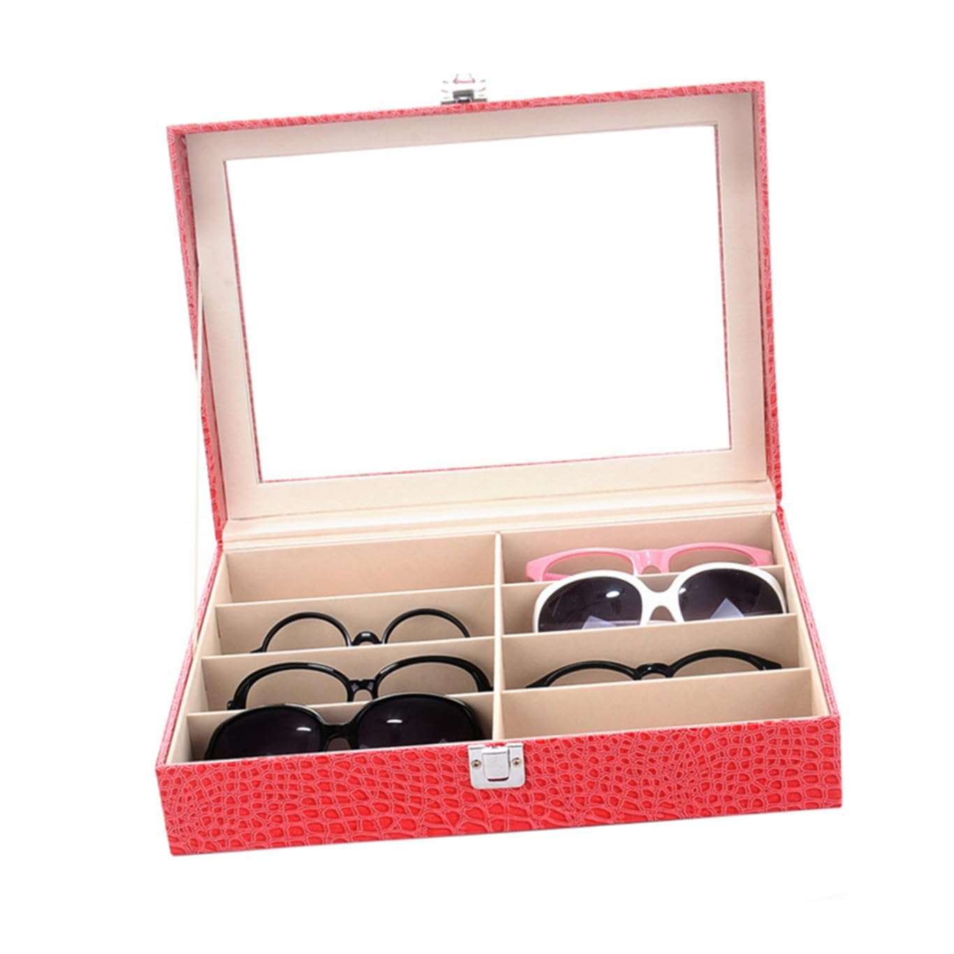 Brillen Aufbewahrungsbox Pu Leder Mit 8 Fächern Maserungsmuster Transparentem Glas Organizer Für Sonnenbrillen Und Brillensammler Platzsparend Für Zuhause Und Büro