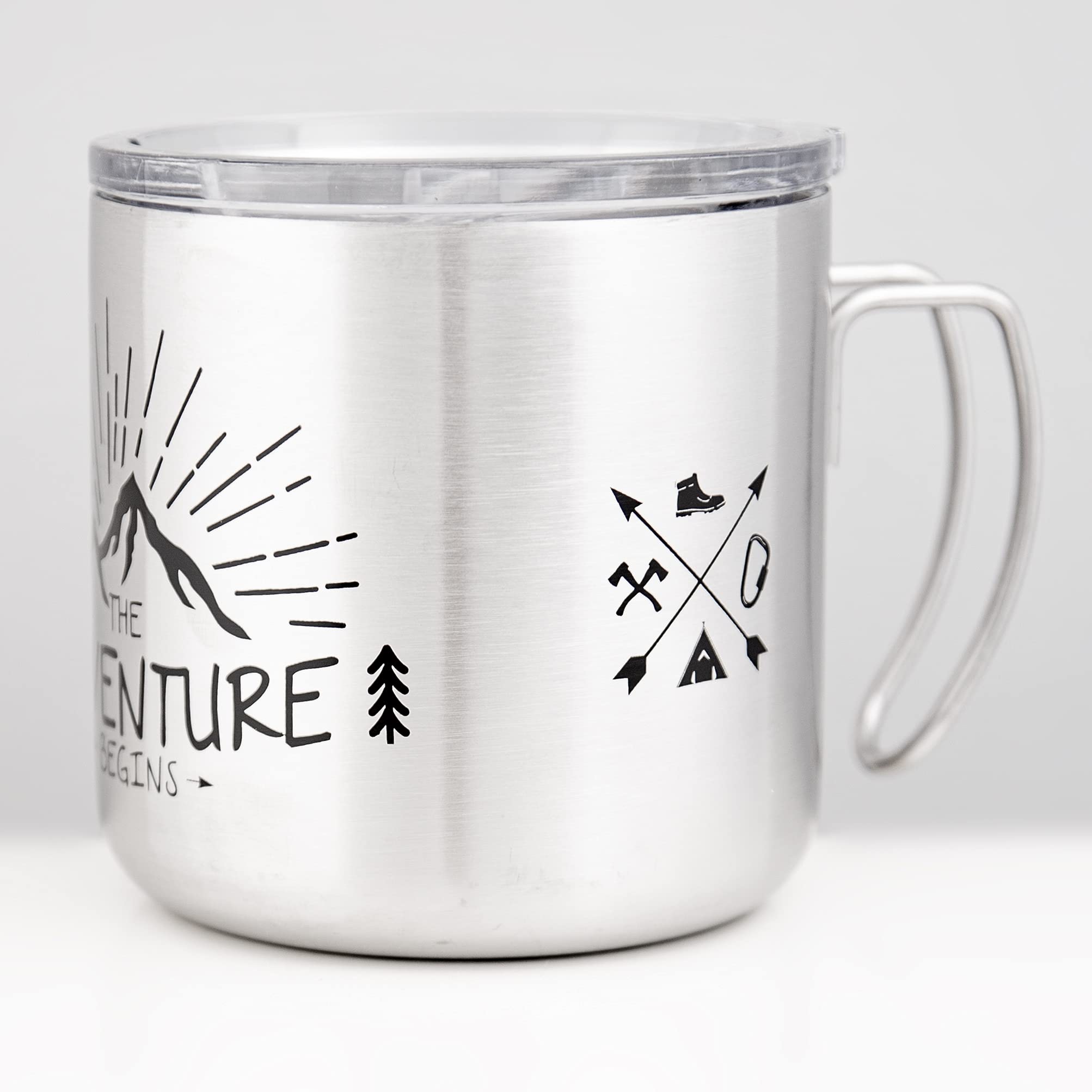 MUGSY Stainless Steel Mug, The Adventure Begins, To-Go Mug, Removable Lid, Shatterproof, 330 ml, Silver, Grey,silver - Image 3