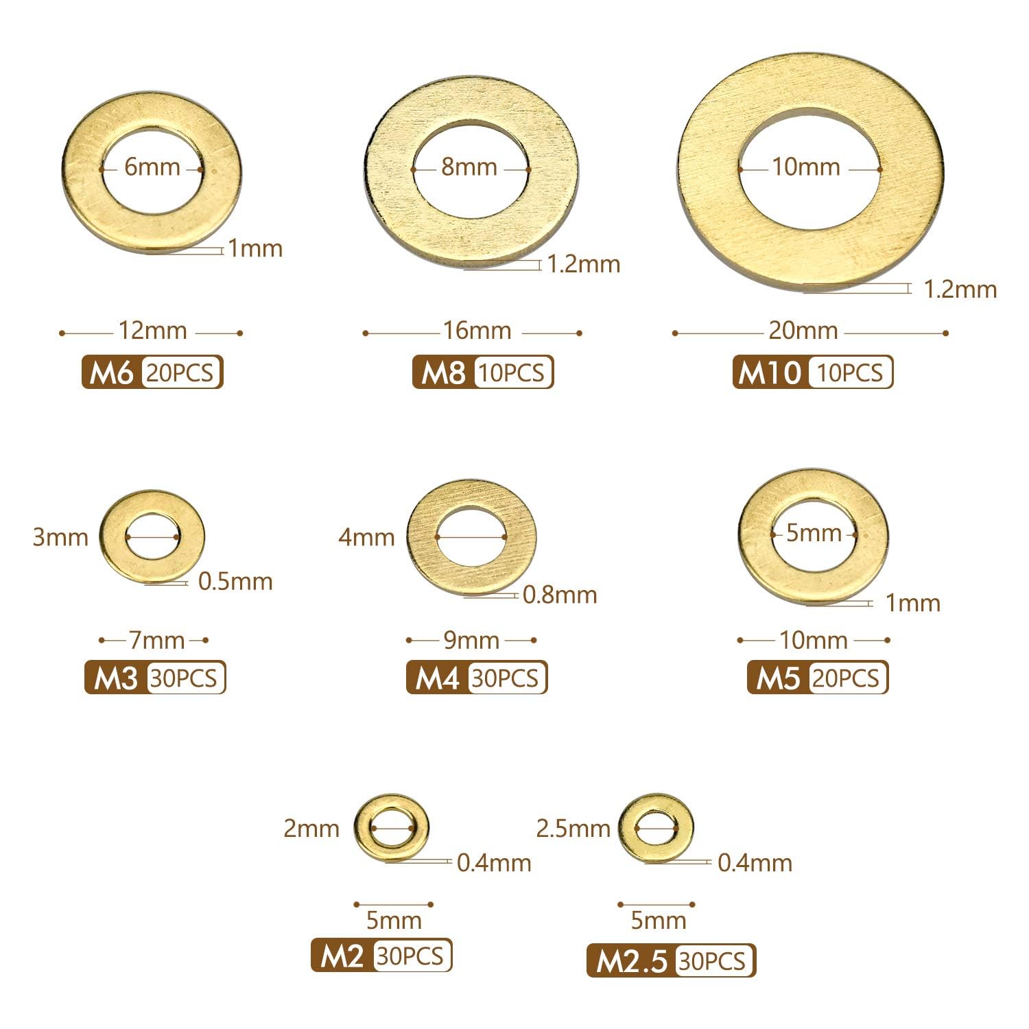 Set di 180 rondelle in ottone, 8 misure, dischi piatti e di sicurezza, assortimento (M2, M2.5, M3, M4, M5, M6, M8, M10), dischi piatti in ottone per viti e dadi