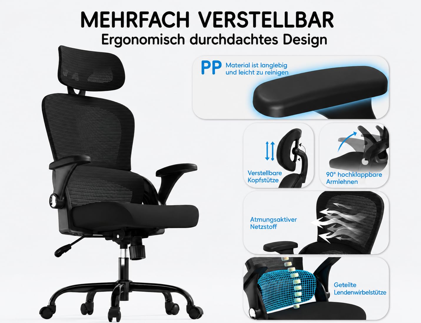 TRALT Ergonomiczne krzesło biurowe, z regulowanym zagłówkiem, krzesło biurowe z regulacją wysokości, krzesło gamingowe, ergonomiczne krzesło biurowe, 150 kg, na długi czas, kolor czarny