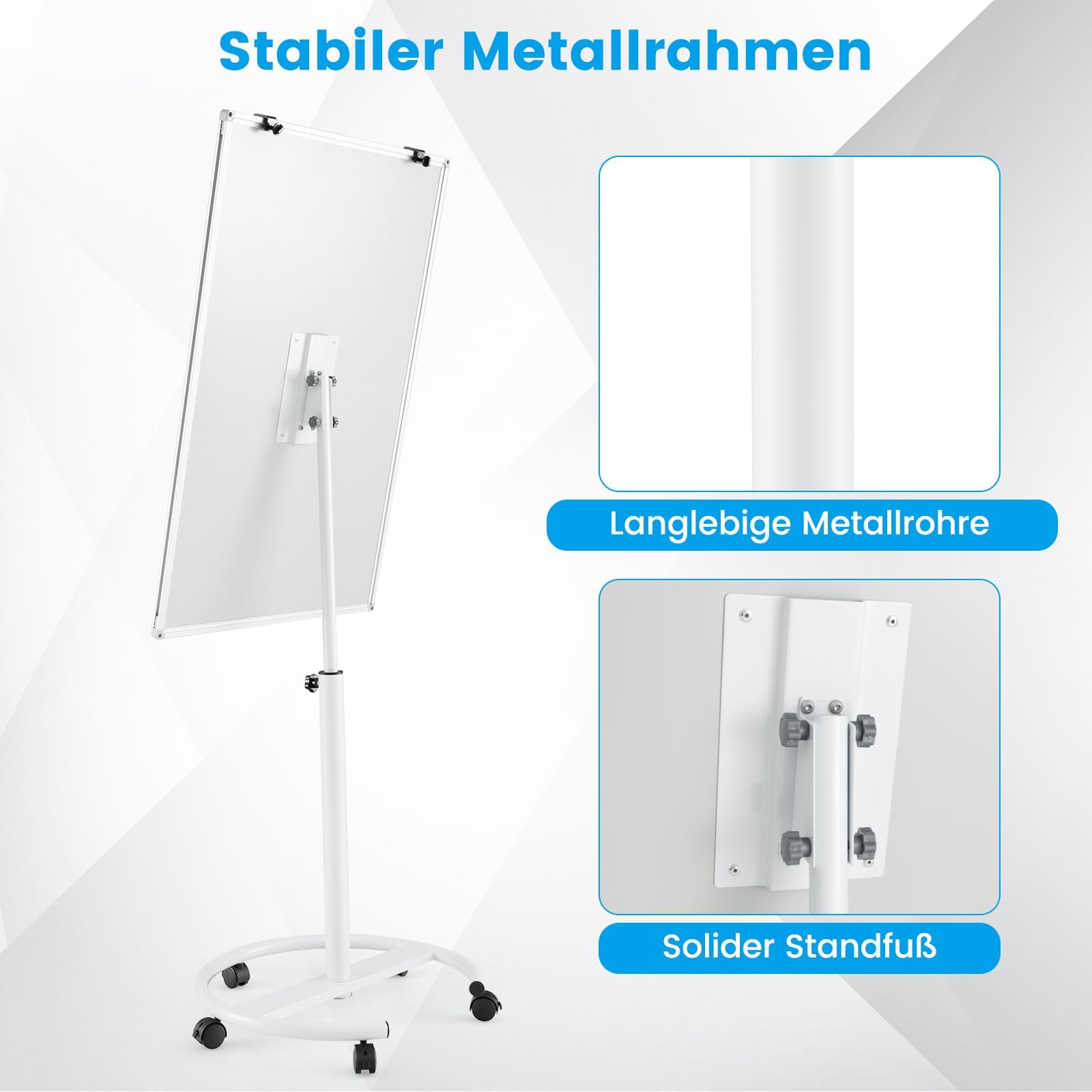 FANTASK Flipchart Ständer, 100x65cm, Mobiles Whiteboard auf Rollen, höhenverstellbar bis 192cm, trocken abwischbar, magnetisch, Flip Chart mit rundem Ständer, Magneten, Markern & Radierer, Weiß