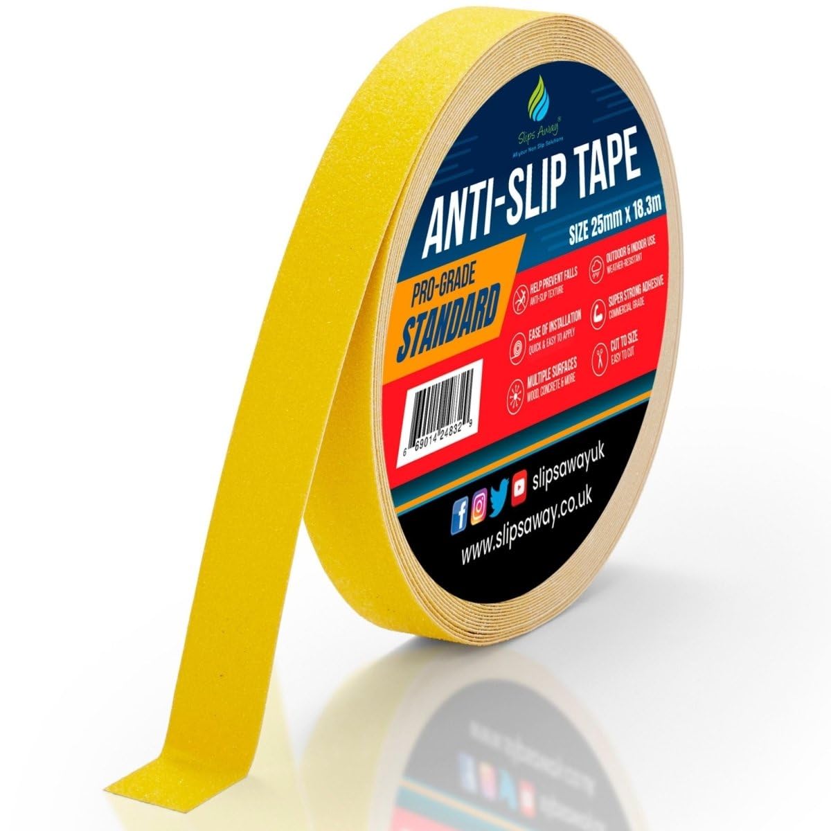 SlipsAway Anti-Slip Tape Roll - Strong Adhesive Grip Tape for Stairs Tread, Ramp & Deck - 25mm x 18.3m Waterproof Non-Skid Tape for Indoor/Outdoor Use - Made in the UK - Yellow
