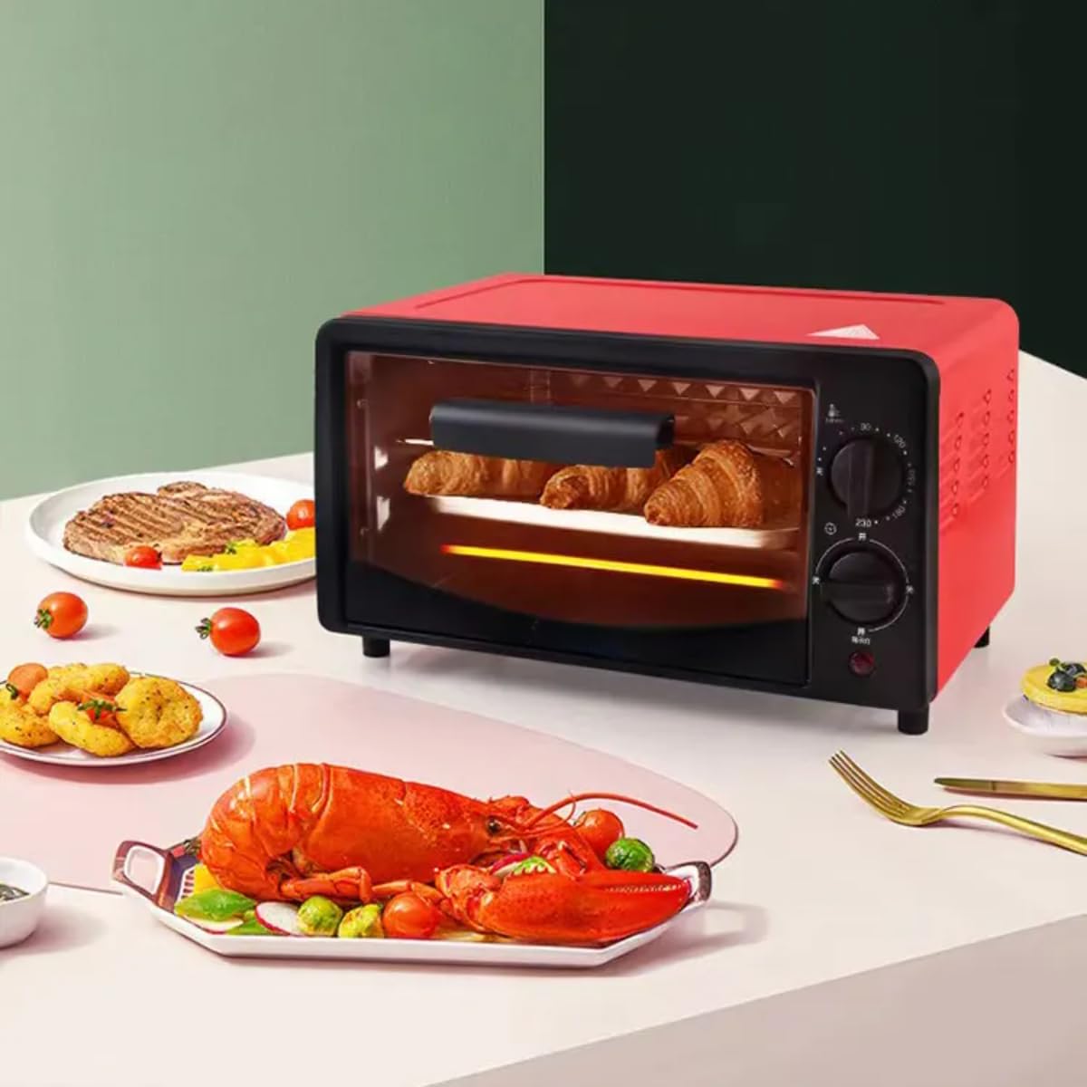 Toaster Oven with Rotisserie & Convection | Large Capacity Electric Oven for Baking, Roasting, Grilling, Toasting | 800W Countertop Oven, Adjustable Temp, Timer, Stainless Steel, Double Glass Door