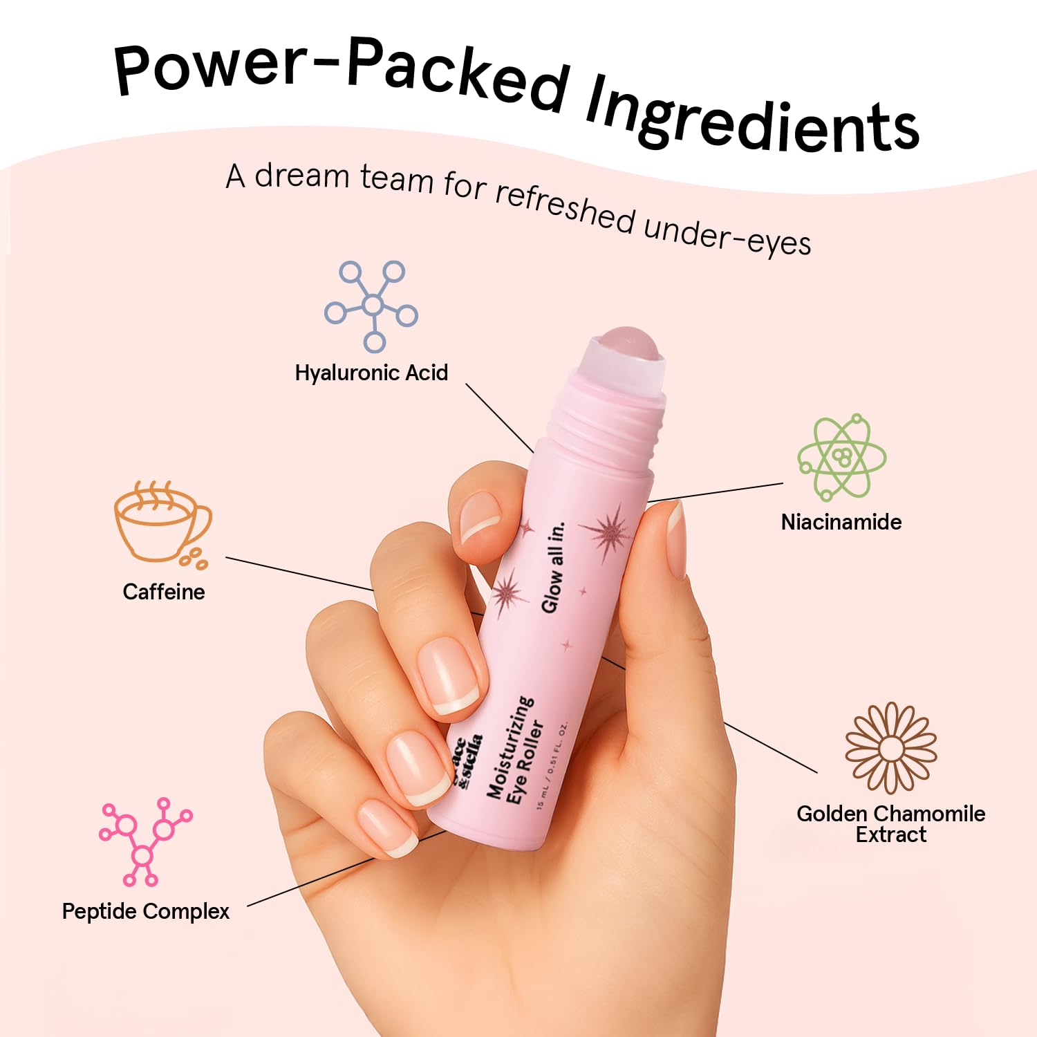 grace & stella Under Eye Serum with Rose Quartz Rollerball - Hyaluronic Acid & Caffeine Eye Serum for Dark Circles & Puffiness - Valentines Day Gifts for Her, Travel Size Toiletries (15ml / 0.51floz)