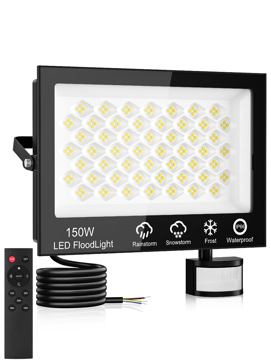 Focos LED Exterior con Sensor Movimiento 150W,15000LM Foco Exterior Potente con Mando a Distancia,6500K Blanco Frío Foco Proyector, IP66 Impermeable Luz LED para Jardín Terraza Garaje