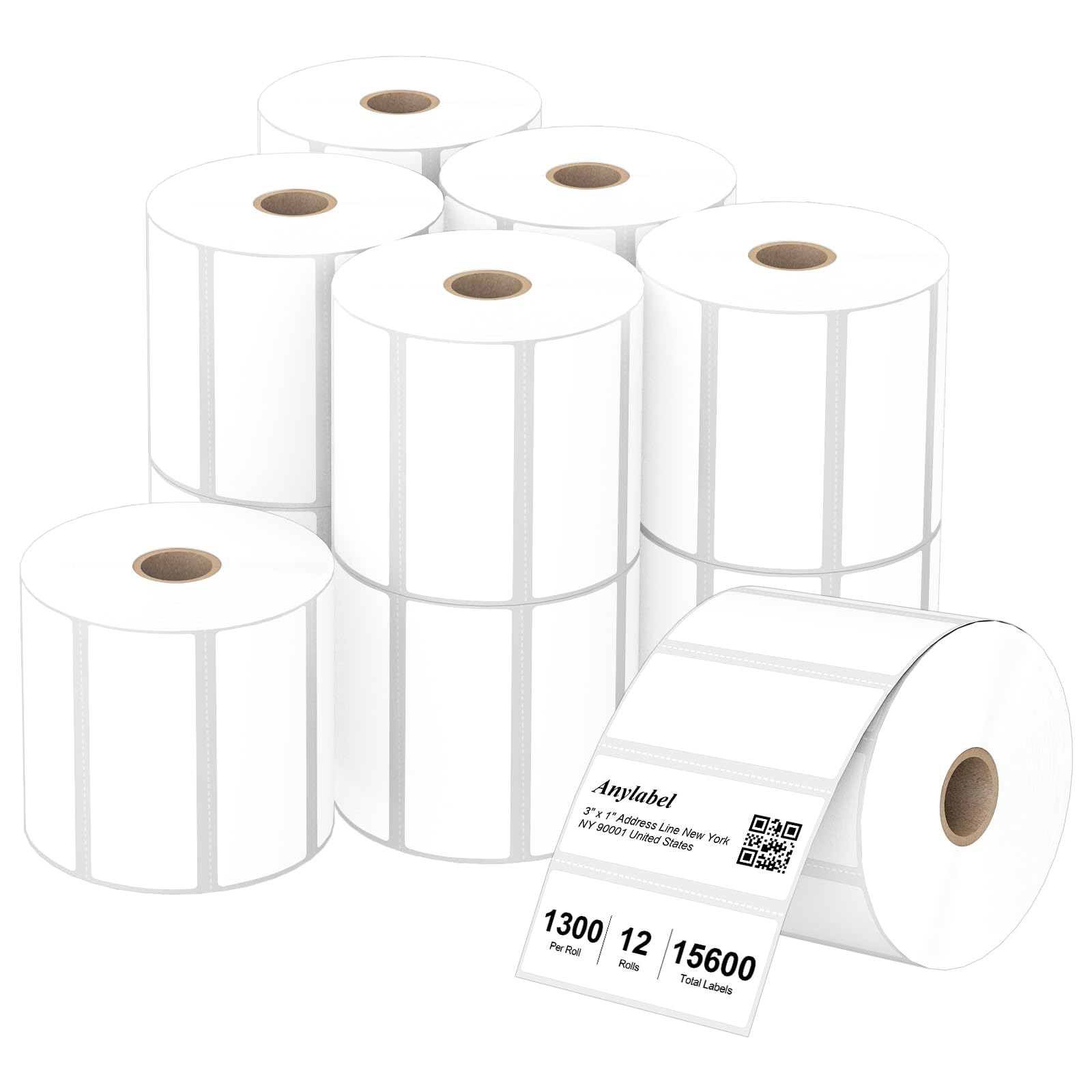 Compatible 3" x 1" Direct Thermal Labes Replacement for Barcodes Postage Address Shipping Compatible with Rollo &amp; Zebra Desktop Printers Adhesive &amp; Perforated (12 Rolls, 1300 Labels/Roll)