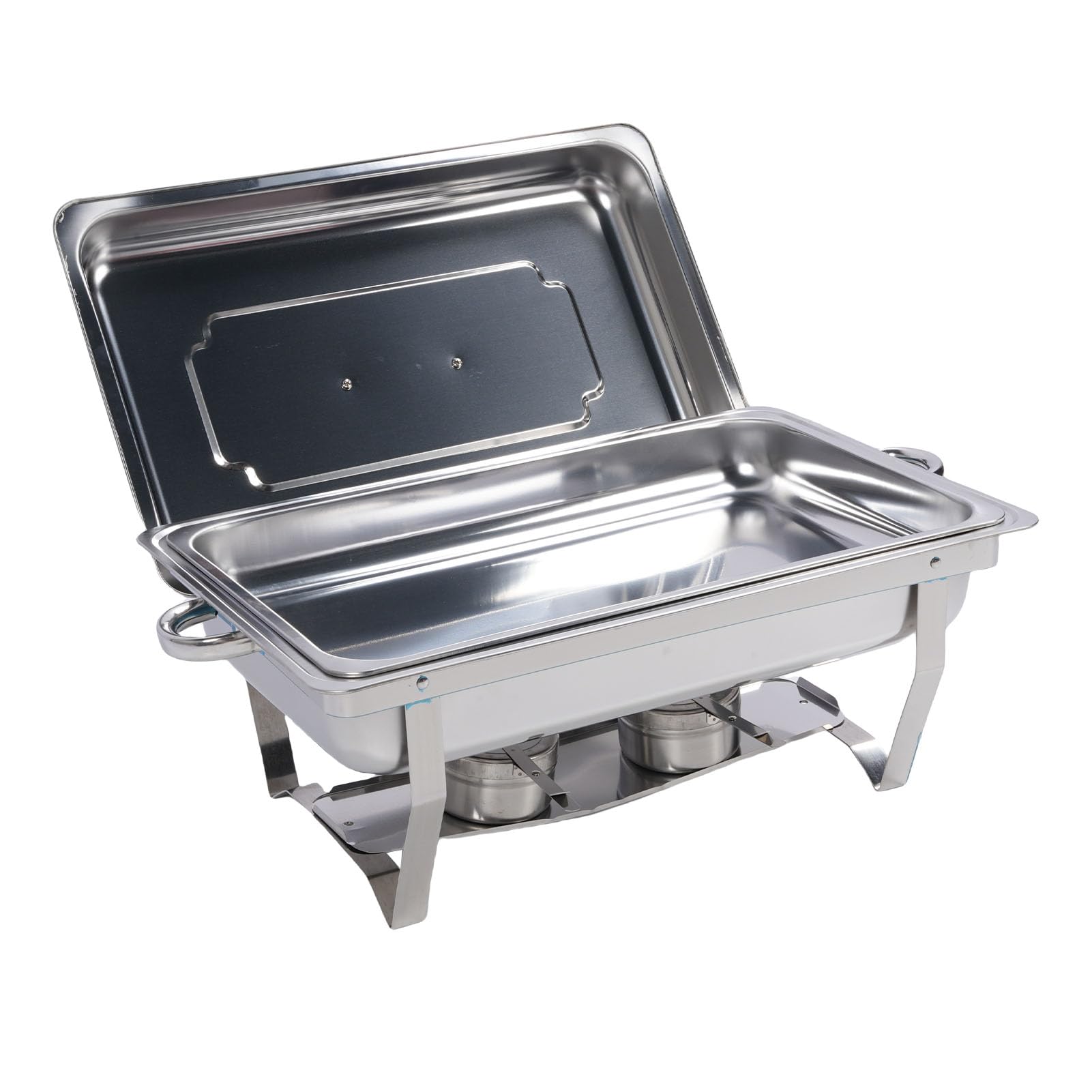 Brrnoo Juego de Calentador de Catering de Acero Inoxidable de 9 Cuartos, Plato de Buffet con Bandeja Completa Plegable y Soporte de para Fiestas, Bodas, Eventos Al Aire Libre (Cuadrícula doble)