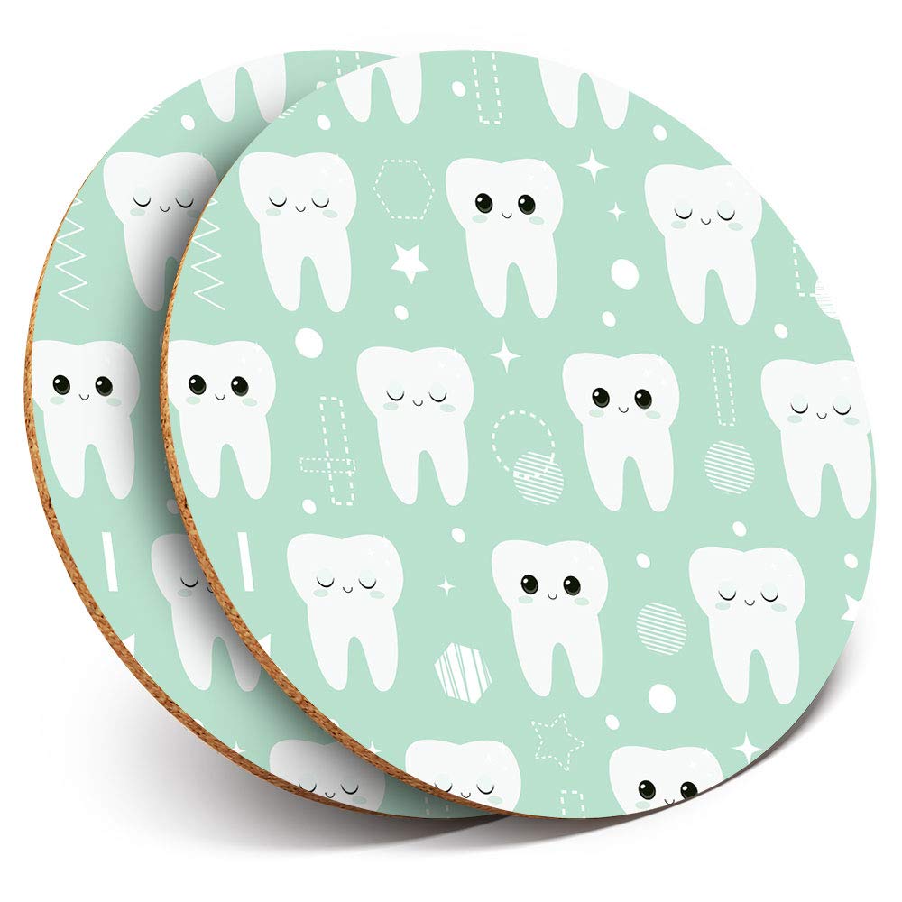 Destination Vinyl Ltd Multicolor 2 X Round Coasters - Teeth Pattern Dentist Dental Nurse - Cork Backed Home Kitchen Accessory Tea Coffee Mug Mat #14414