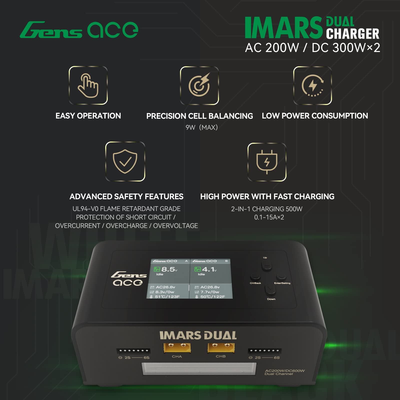 GensAce Ladegerät Imars Dual Channel AC200W/DC300Wx2 Balance Akkupack Ladegerät für Ninh/Lipo Akku (schwarz)