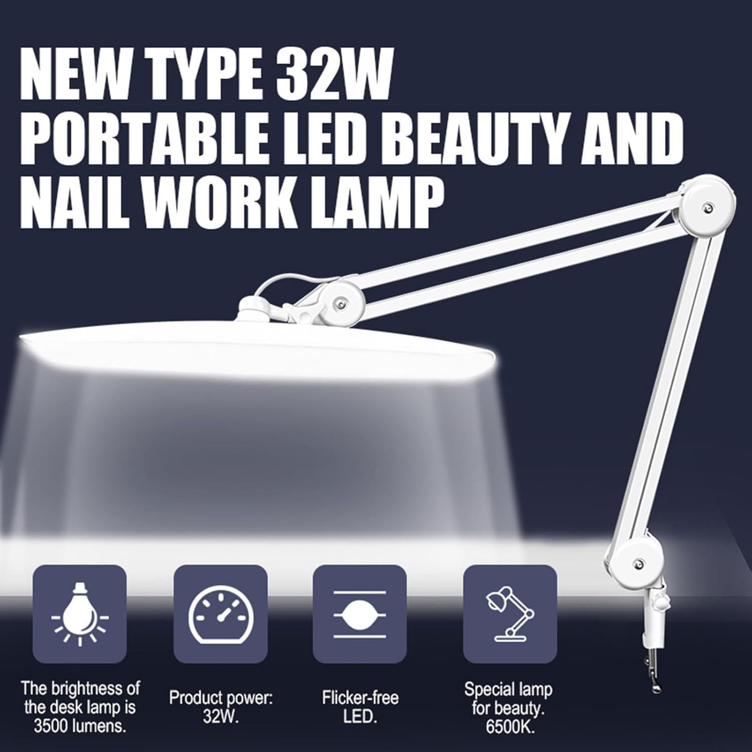 Lampa robocza do paznokci 3000 lm, składana lampa robocza LED 38 W z 112 koralikami do lampy, 4 poziomy jasności, regulacja 180°, lampa stołowa do zdobienia paznokci, rzęs, piękna, makijażu